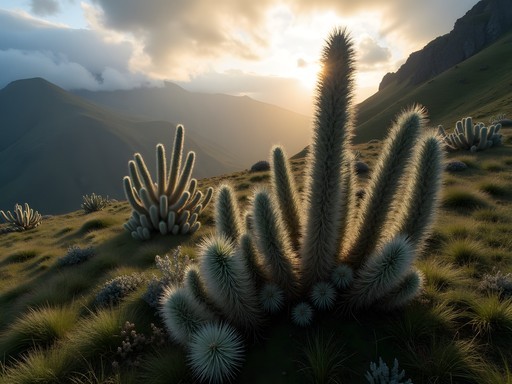 Misty páramo ecosystem with frailejones plants near San Cristóbal
