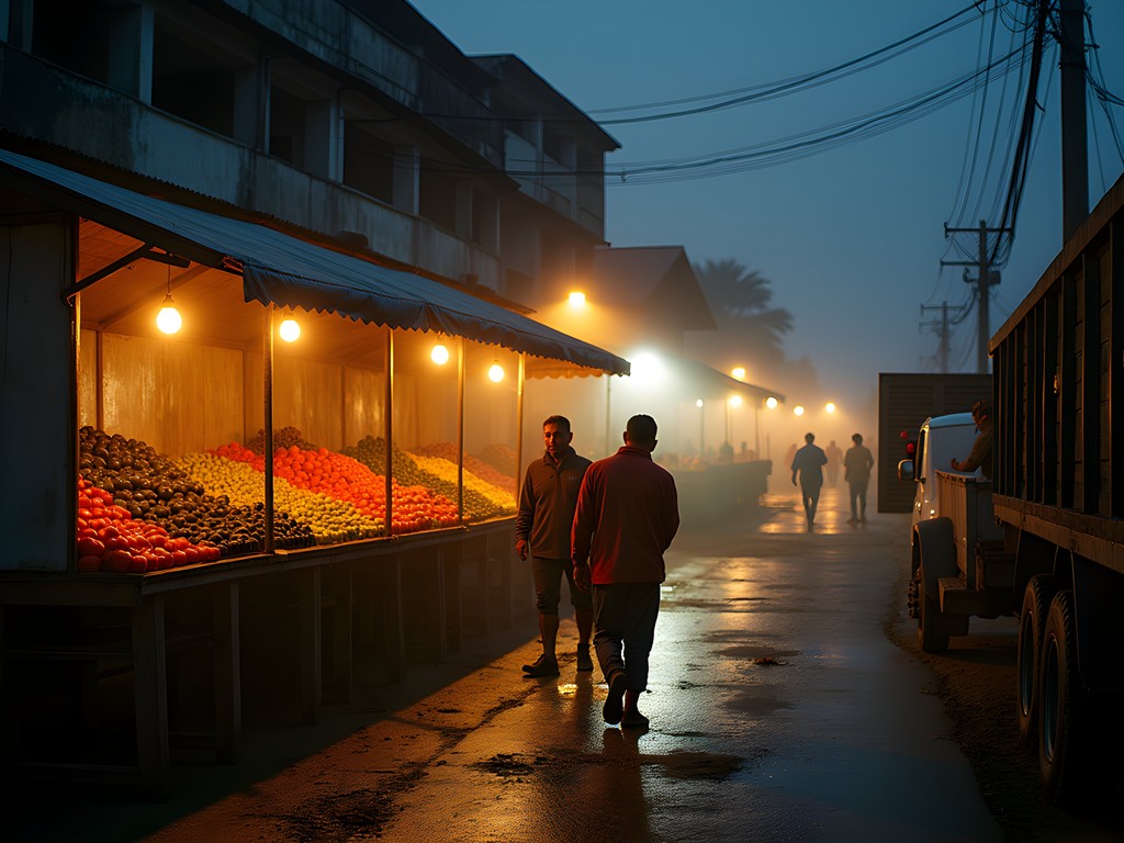 Early morning farmers market in San Lorenzo with vendors setting up by lamplight