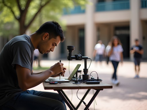 Young Paraguayan entrepreneur repairing mobile phones at improvised workstation outside university