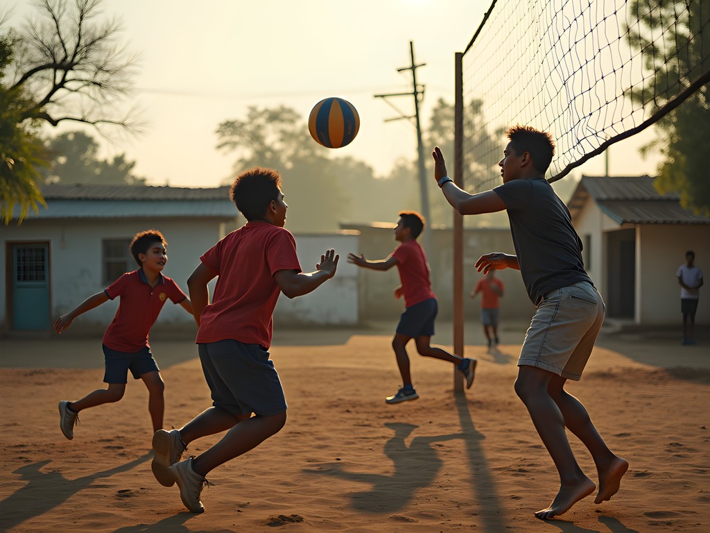 Intense piki volley game in neighborhood park with locals playing Paraguayan-style volleyball