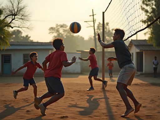 Intense piki volley game in neighborhood park with locals playing Paraguayan-style volleyball