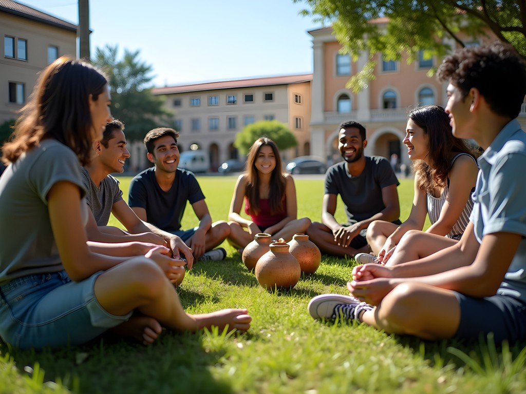 Group of Paraguayan students sharing tereré in a circle at Universidad Nacional