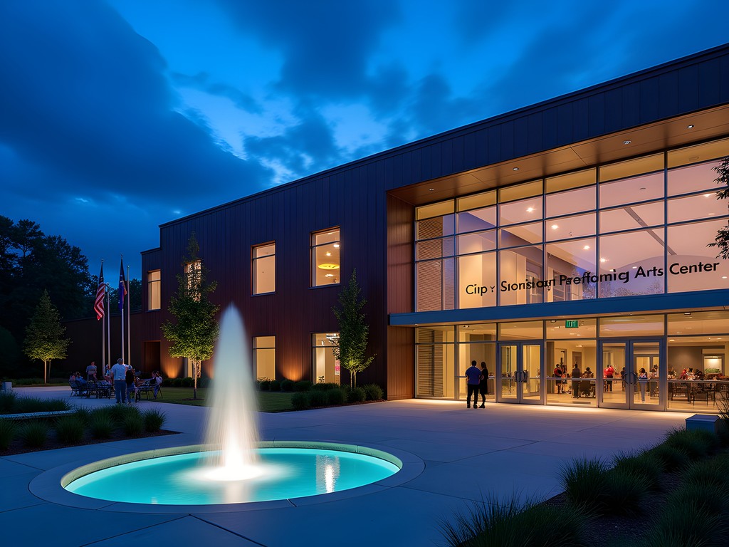 City Springs Performing Arts Center illuminated at dusk in Sandy Springs