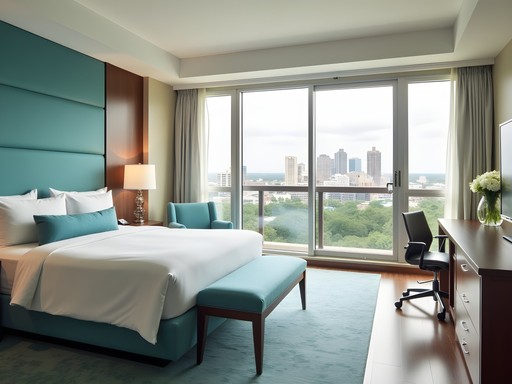 Modern boutique hotel room with Atlanta skyline view in Sandy Springs