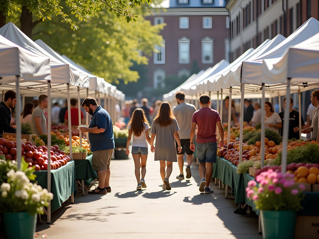 Sandy Springs Farmers Market with families shopping local produce and crafts