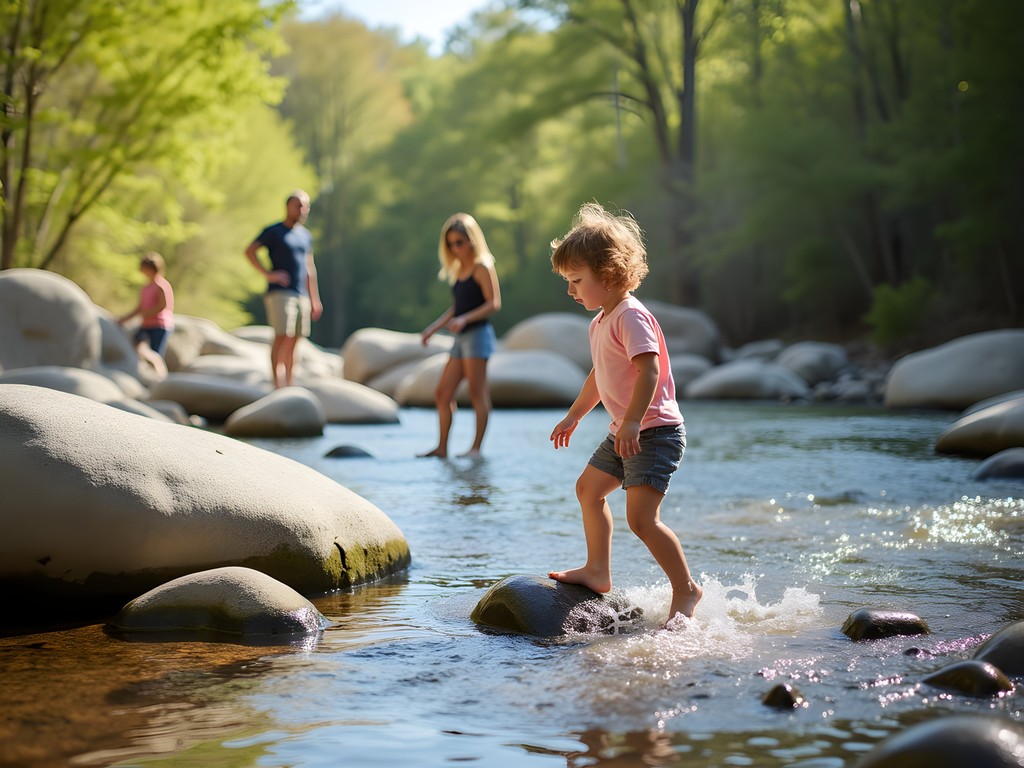 Children crossing rocks at Chattahoochee River on Island Ford Trail