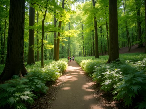 Family hiking Island Ford Trail through spring forest in Sandy Springs