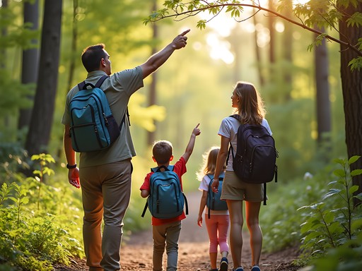 Family pausing on trail to observe nature in Sandy Springs park during spring