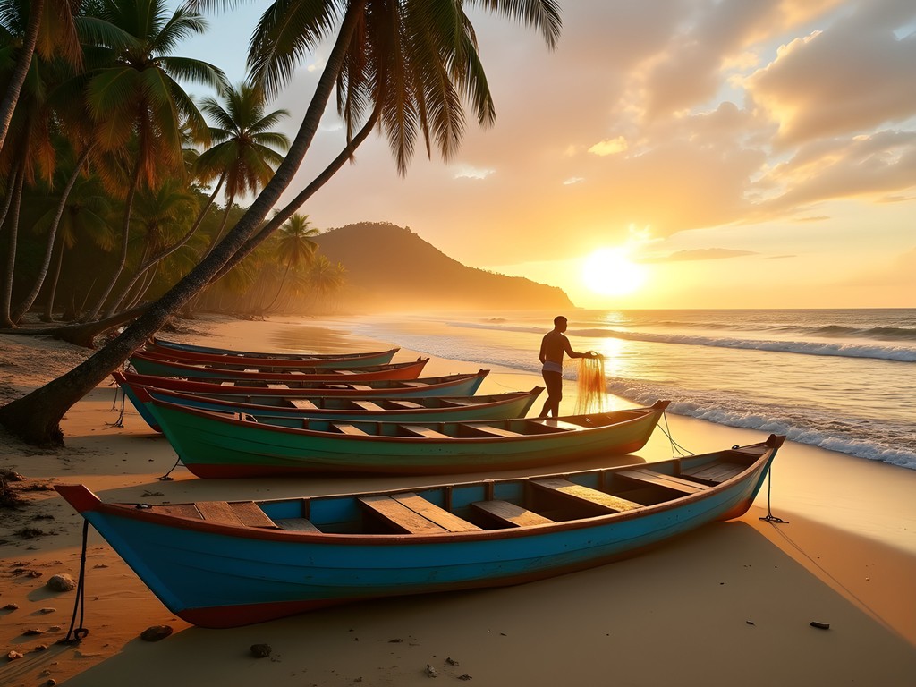 Colorful fishing boats at sunrise on São Tomé beach with fishermen preparing for the day