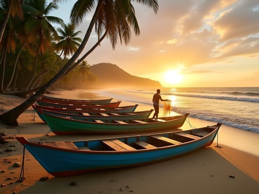 Colorful fishing boats at sunrise on São Tomé beach with fishermen preparing for the day
