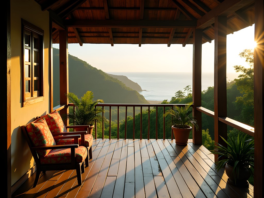 Traditional wooden veranda of a São Tomé homestay overlooking tropical vegetation