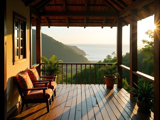 Traditional wooden veranda of a São Tomé homestay overlooking tropical vegetation
