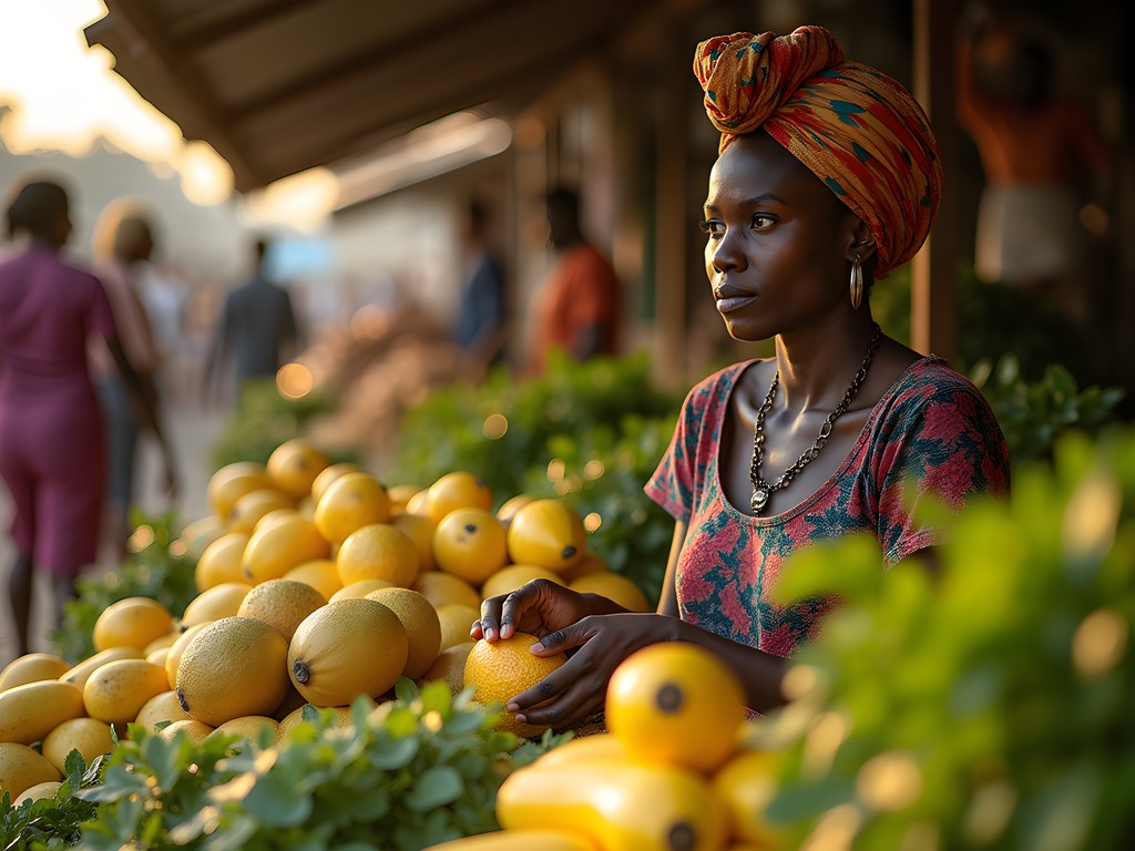 Local woman selling colorful tropical produce at São Tomé municipal market