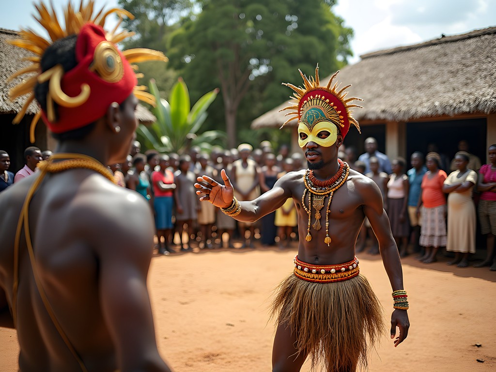 Traditional Tchiloli theatrical performance in São Tomé with masked performers and gathered village audience