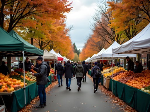 Colorful autumn produce display at Ballard Farmers Market with local vendors and shoppers