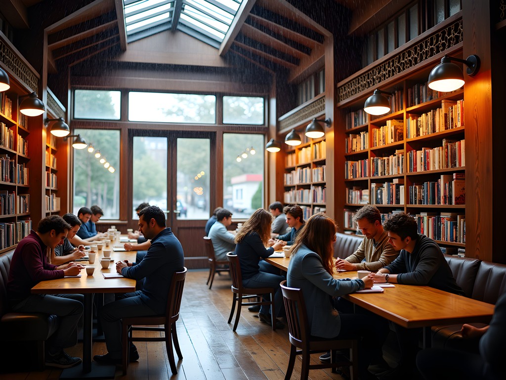 Cozy reading room at Elliott Bay Book Company with timber beams and readers on a rainy day