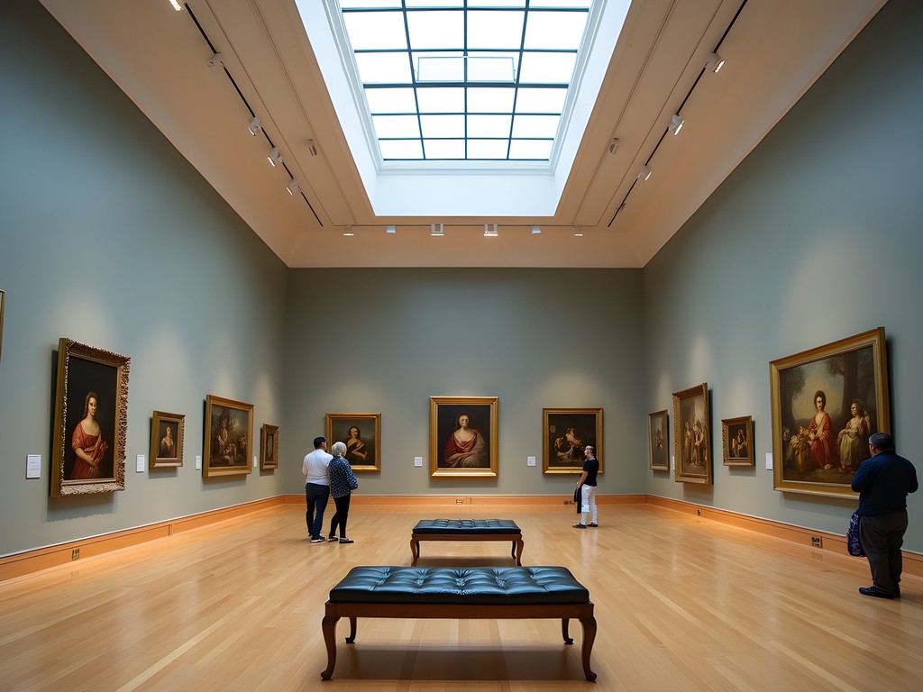Interior of the Frye Art Museum showing the gallery space with paintings and few visitors