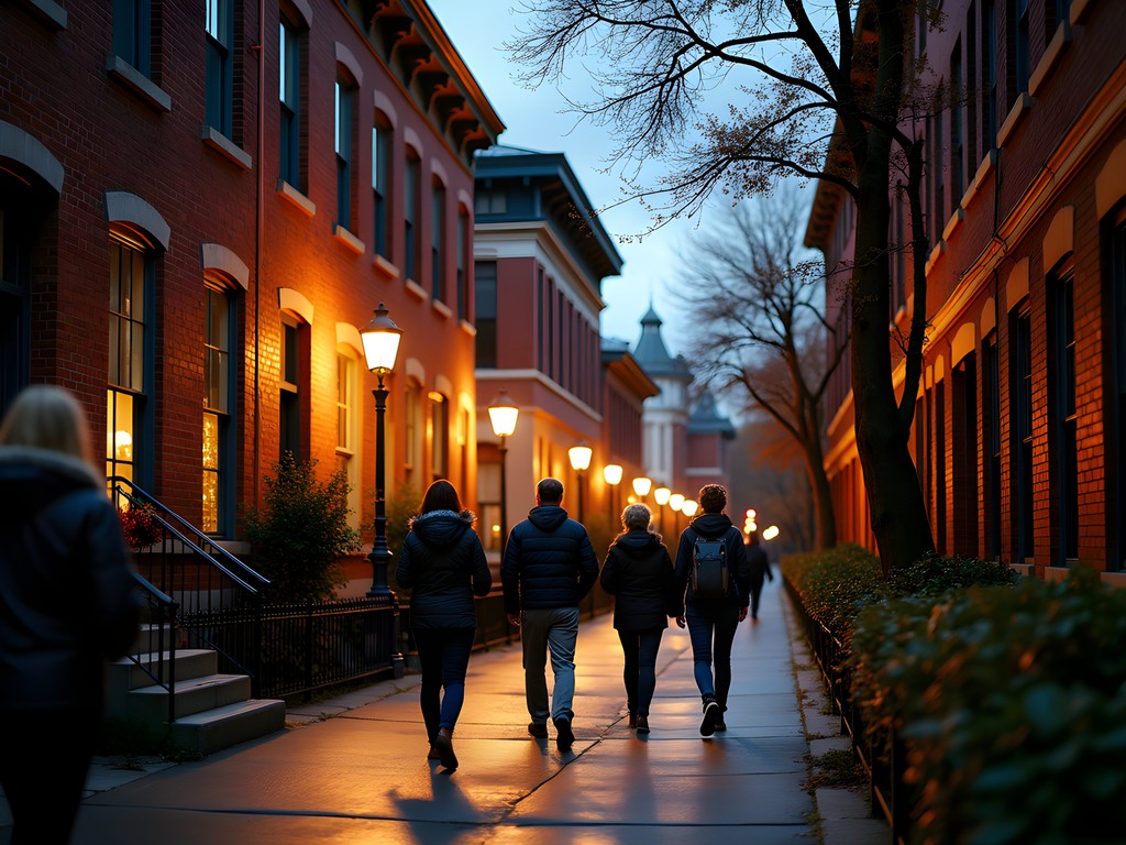 Evening tour group in historic Georgetown neighborhood with atmospheric lighting
