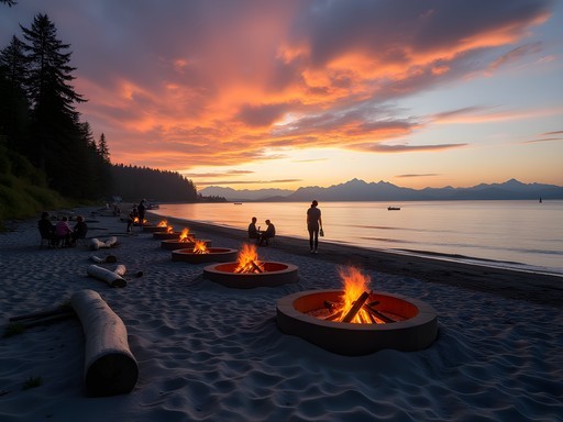 Sunset view from Golden Gardens Beach with Olympic Mountains and beach fire pits