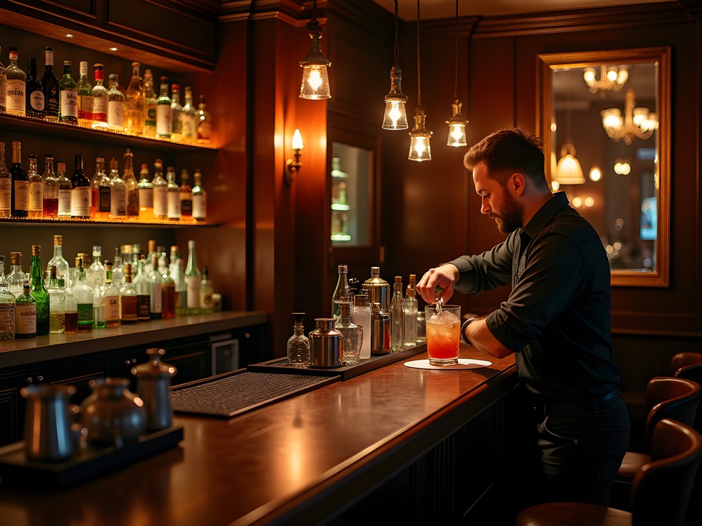 Bartender preparing a craft cocktail in a dimly lit Seattle speakeasy with vintage decor
