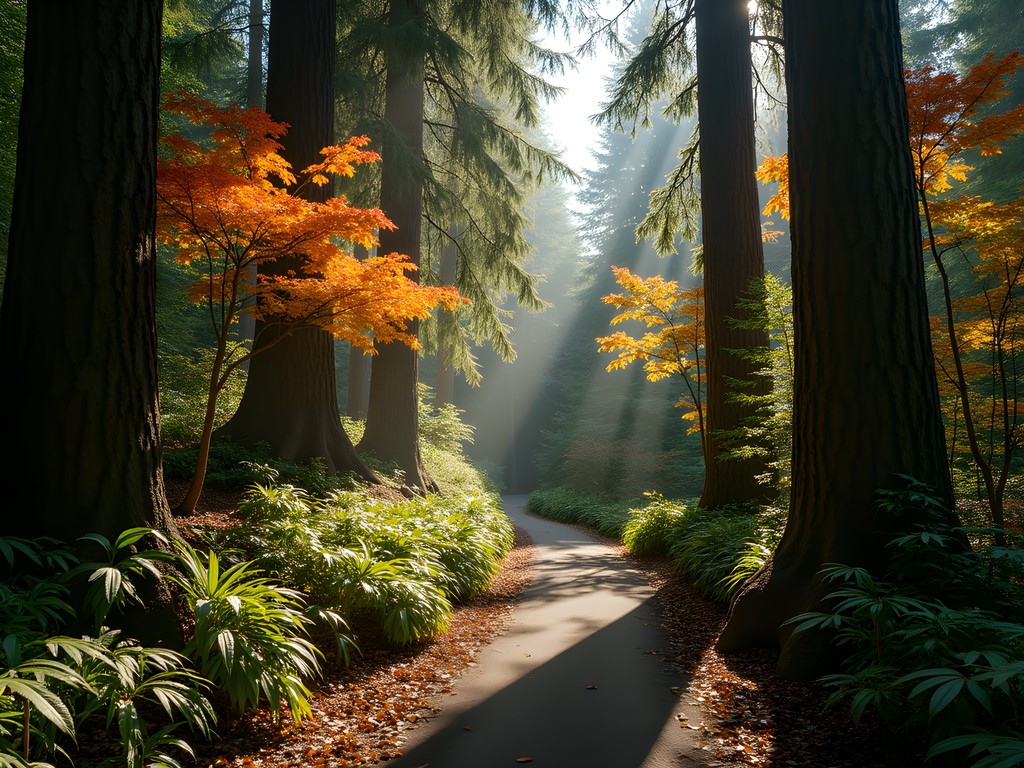 Tree-lined Interlaken Boulevard trail with fall foliage and dappled light