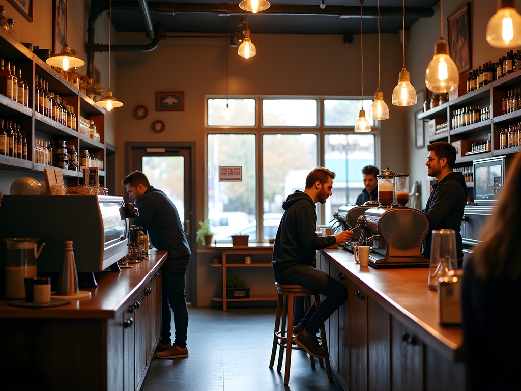 Interior of Victrola Coffee Roasters on Capitol Hill with vintage decor and coffee brewing equipment