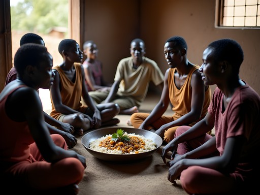Shared meal experience with Gambian family around traditional food bowl