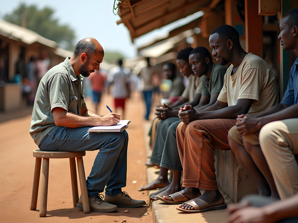 Archaeologist sketching Serekunda Market scene while locals observe with interest