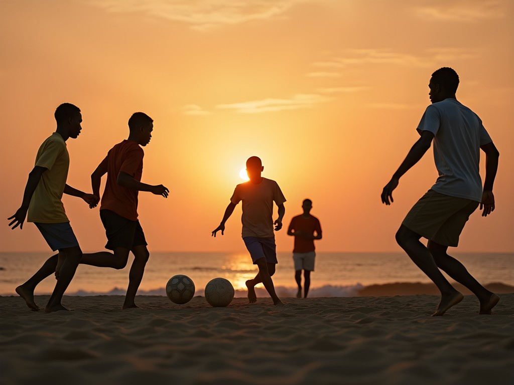 Impromptu beach football match at sunset in Serekunda with locals and visitors