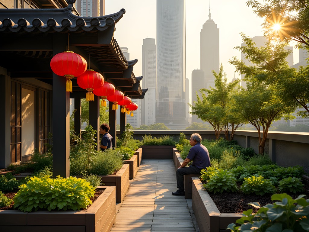 Secret community rooftop garden above Jing'an Temple metro station in Shanghai