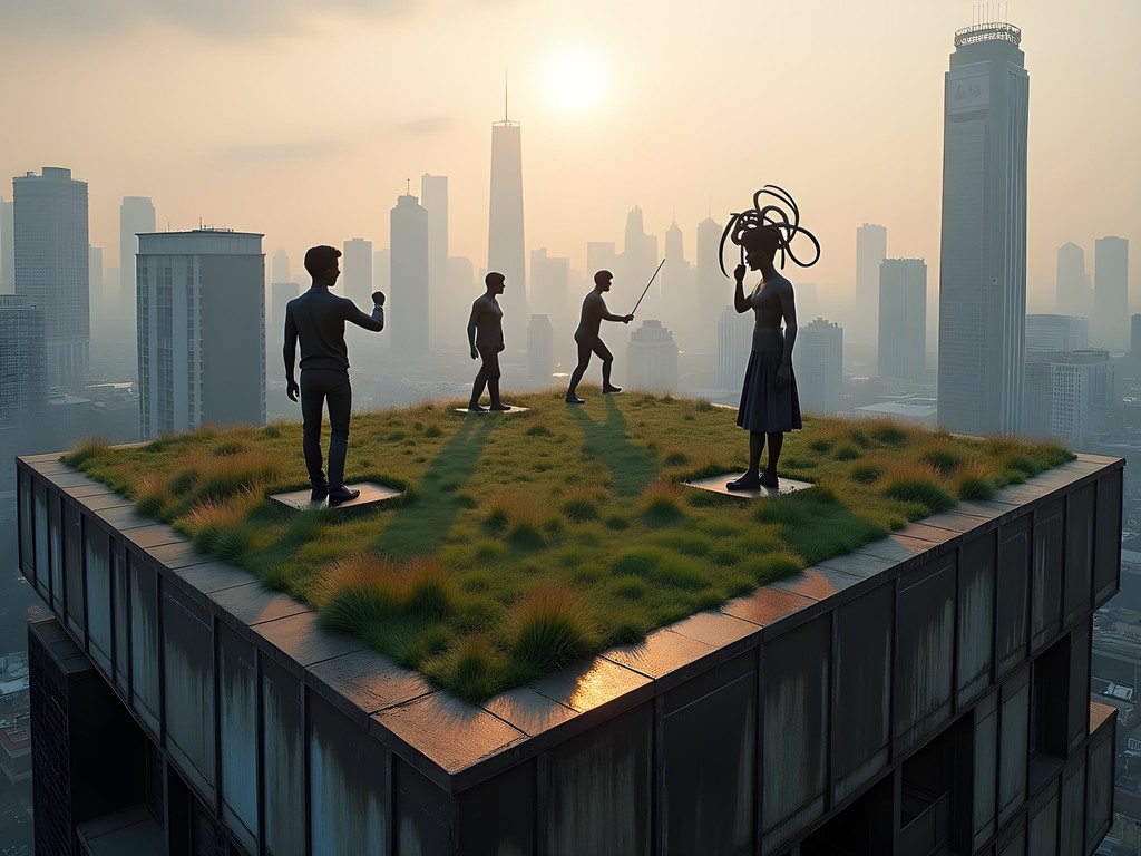 Hidden rooftop sculpture garden at M50 art district with Shanghai skyline in background