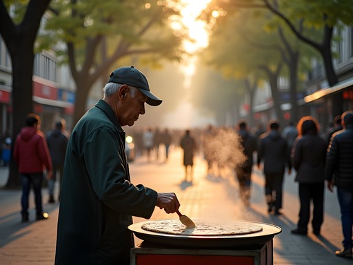 Traditional jianbing breakfast vendor preparing savory crepes in Shanghai's Former French Concession