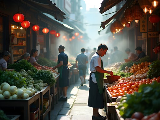 Vibrant morning scene at Tongchuan Road wet market with local vendors and fresh produce