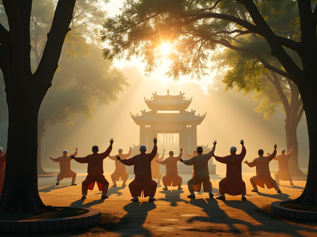 Early morning tai chi practice in Shanghai's Hongkou Park with locals moving in geometric formations