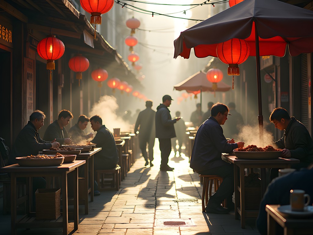 Early morning Shanghai breakfast street with locals gathering around steaming food stalls