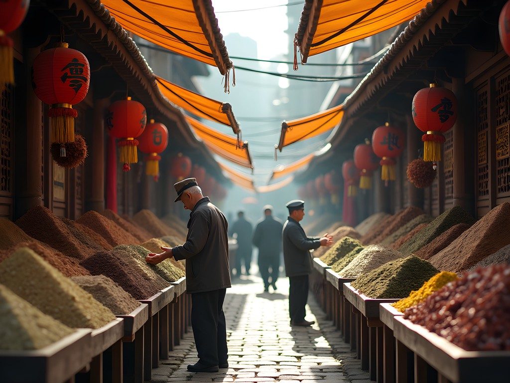 Traditional Chinese medicine market in Shanghai with dried herbs and remedies