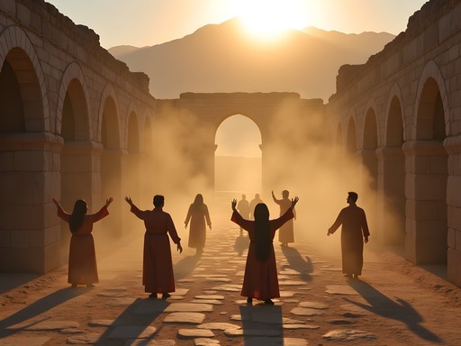 Local Iranians practicing traditional movement rituals at dawn among ancient ruins outside Shiraz