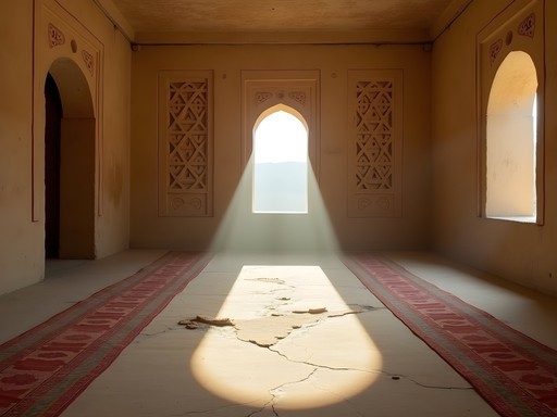 Interior of a hidden 14th-century Sufi meditation hall in Shiraz showing geometric architecture and light patterns