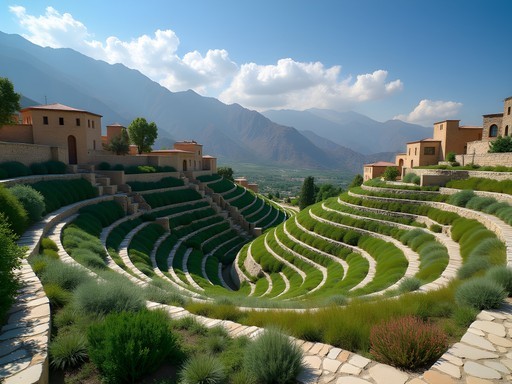 Terraced medicinal herb gardens in the foothills outside Shiraz with mountains in background