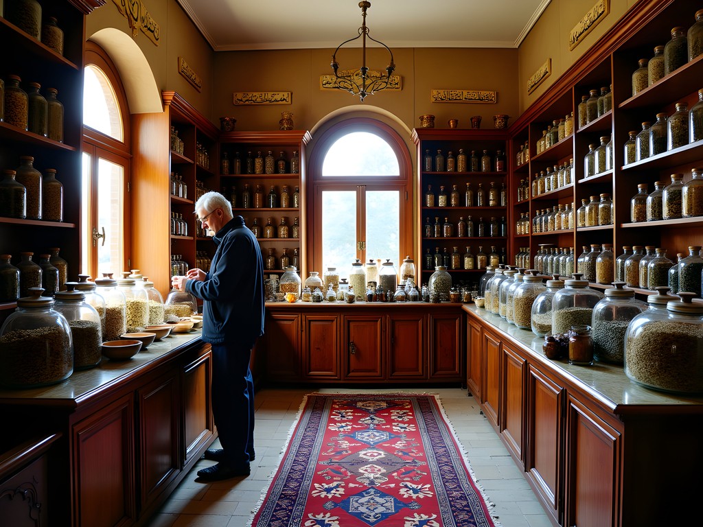 Traditional Iranian apothecary shop with colorful herbs and spices in glass jars in Shiraz bazaar
