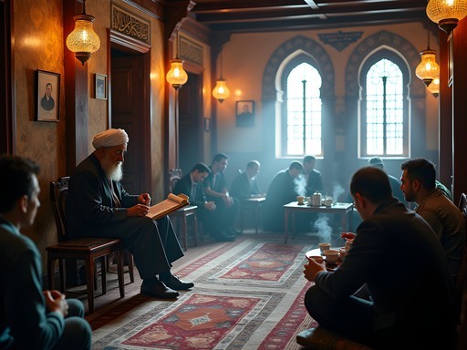 Traditional Iranian teahouse in Shiraz with local storyteller performing for attentive audience