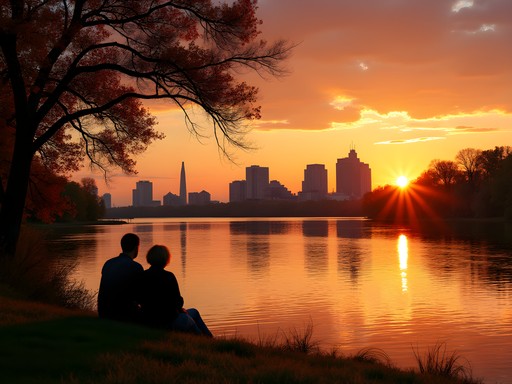 Couple enjoying sunset view of Shreveport skyline from Red River