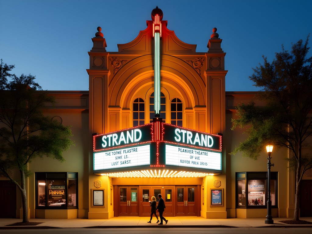 Illuminated historic Strand Theatre in downtown Shreveport at dusk