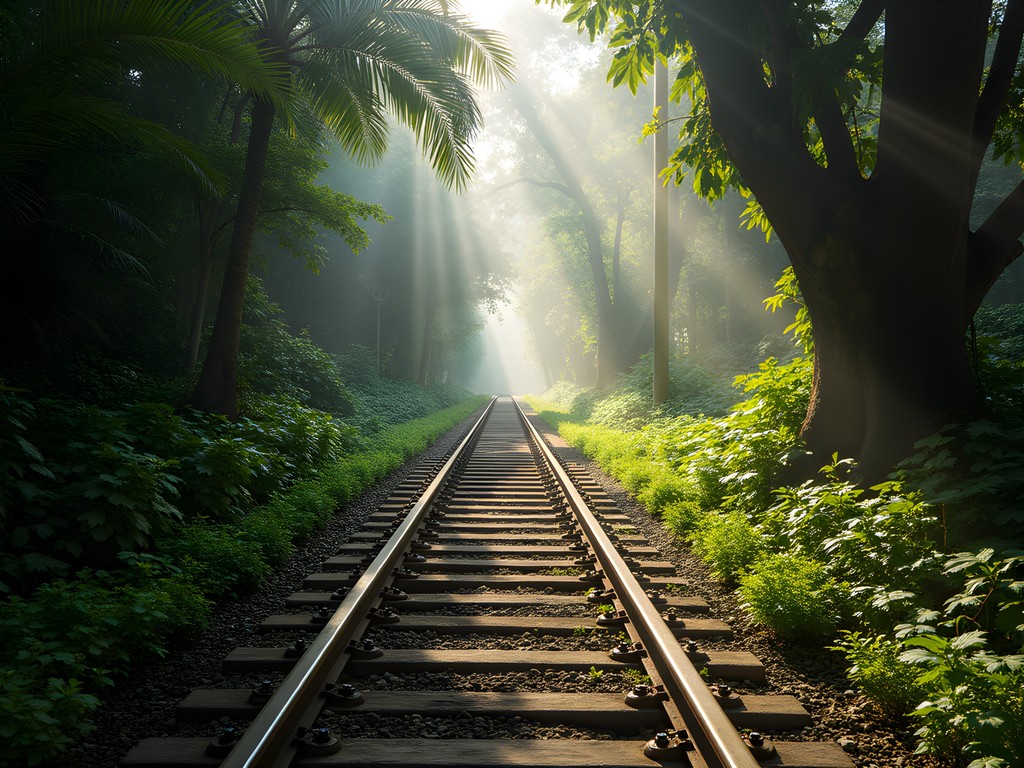 Abandoned railway track in Singapore being reclaimed by lush tropical vegetation with morning light