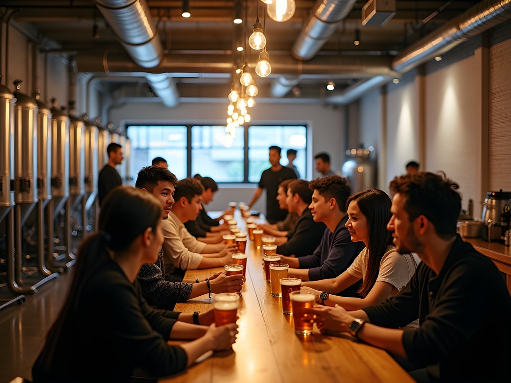 Singapore industrial space microbrewery with diverse crowd enjoying craft beer tasting flights