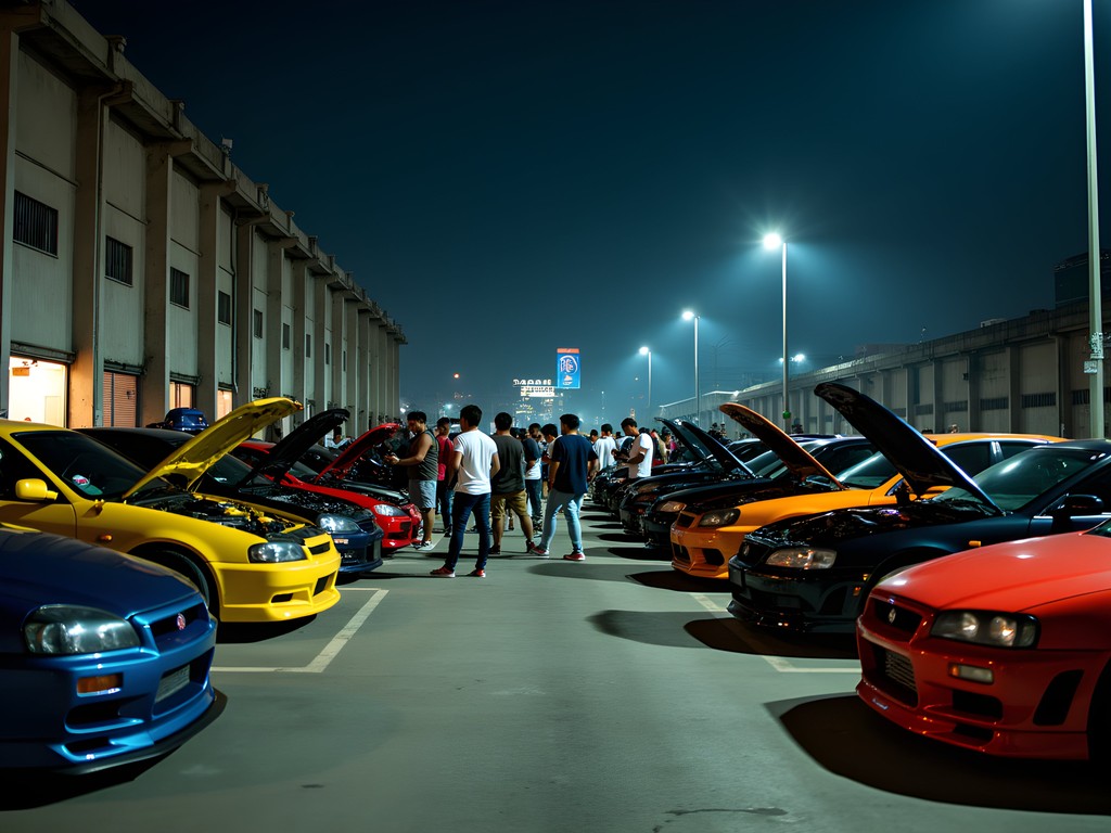 Nighttime gathering of car enthusiasts in Singapore industrial area with classic and performance cars