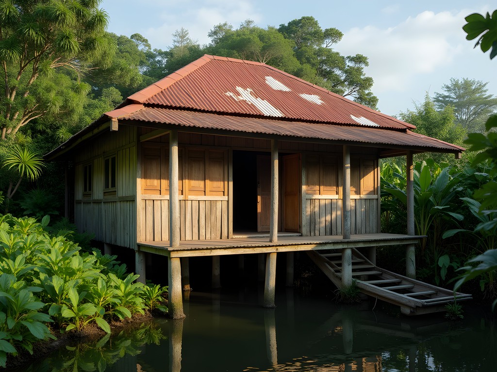 Traditional wooden kampong house on stilts in Pulau Ubin with lush tropical vegetation
