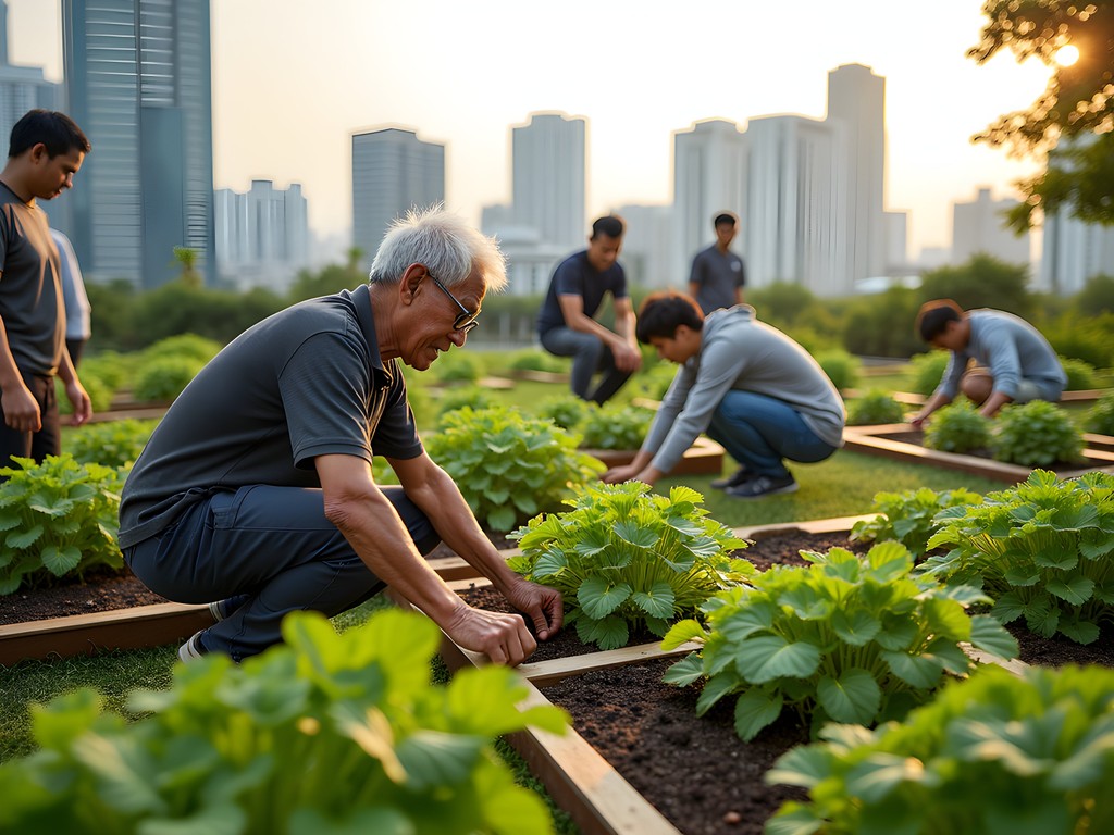 Lush rooftop urban farm in Singapore with city skyline in background and diverse community members gardening