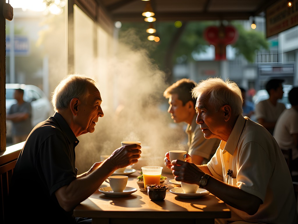 Elderly locals enjoying morning coffee and traditional breakfast at Tiong Bahru Market's upper floor