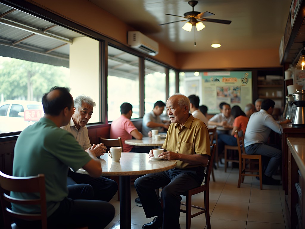 Traditional Singaporean kopitiam in Geylang with local elderly patrons enjoying morning coffee and breakfast